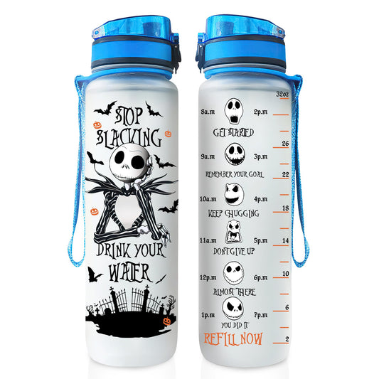 GEPOSTORE Nightmare 32oz Leakproof BPA-Free Jack Pumpkin Motivational Water Bottle with Time Marker - Fitness Sports Bottle with Strap - Perfect for Office, Gym, Outdoor - Halloween Themed