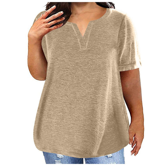 Attine Deal of The Day Today Plus Size V Neck T Shirts for Women Solid Color Eyelet Casual Blouse Summer Short Sleeve Tops Loose Fit Henley Tshirts Prime Deals