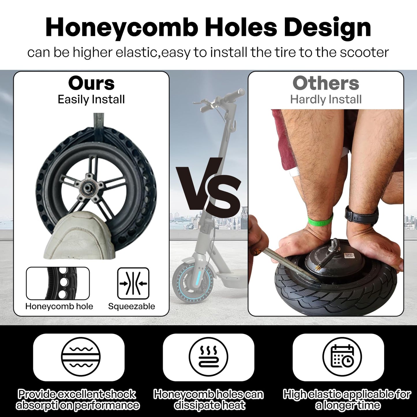 HAONAIMO 10" x 2.5 Solid E Scooter Tires - ‌Replacement Rubber Wheels 60/70-6.5‌ for Ninebot Max ‌G30/G30D/G30E/G30LP‌ - ‌10 Inch Honeycomb Tire - Durable & Studless Tire- ‌Blue