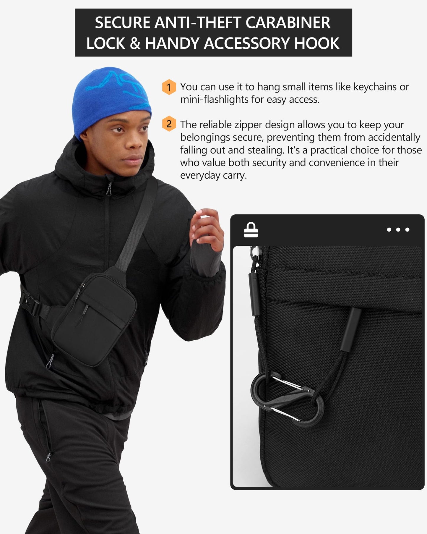 Peicees Small Anti-theft Sling Bag for Men Women Waterproof Mini Crossbody Backpack Chest Bag Travel Passport Phone Holder, Black