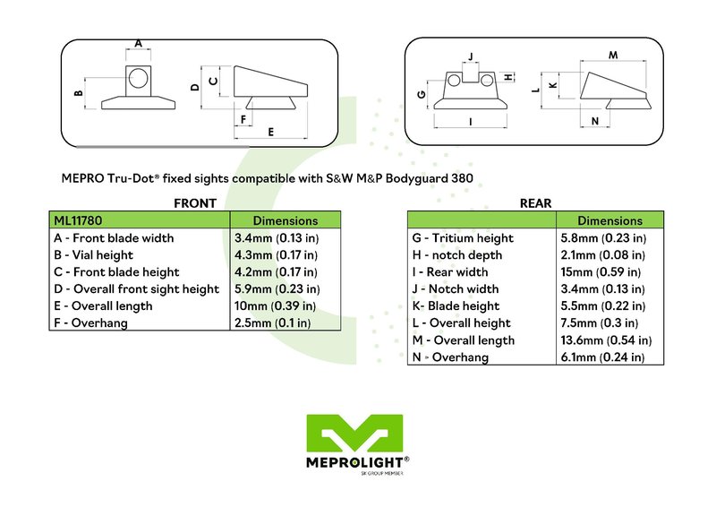 Meprolight, Body Guard Night Sight Set, 380, Green Tritium, Black (ML11780G)