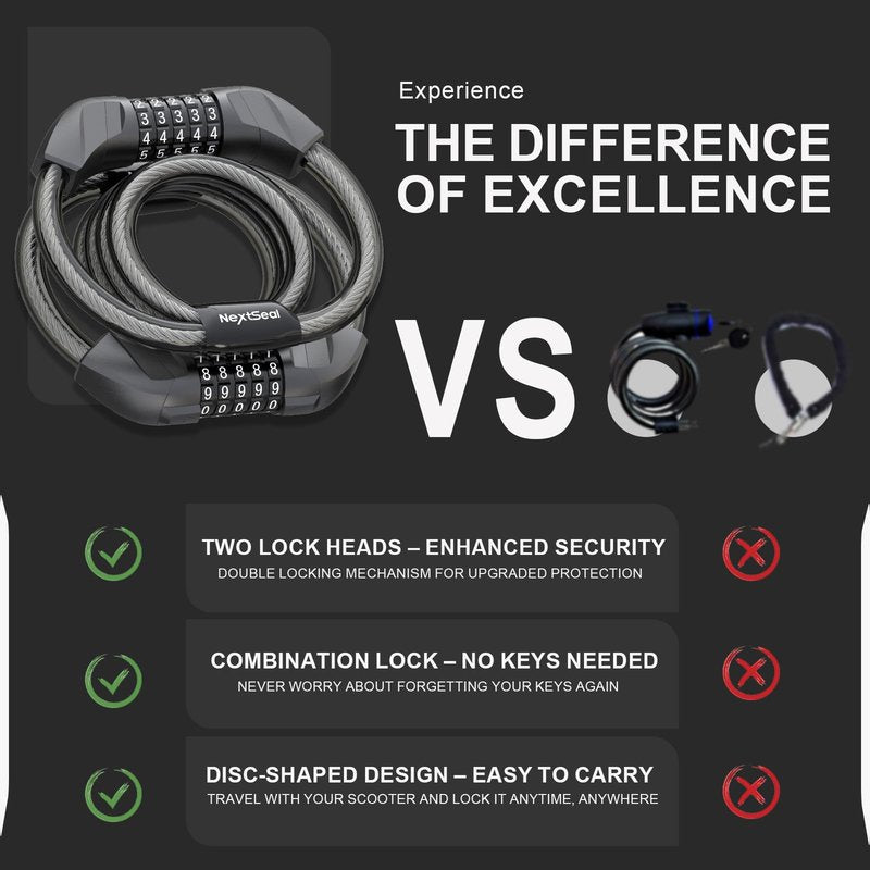 NextSeal Electric Scooter Lock, Bike Lock with 5-Digit Combination, 12MM Dual Cable Locks, Security 41.3 inch Feet Bicycle Lock Anti Theft for Scooter, Bicycle, E-Bike, Electric Scooter Accessories