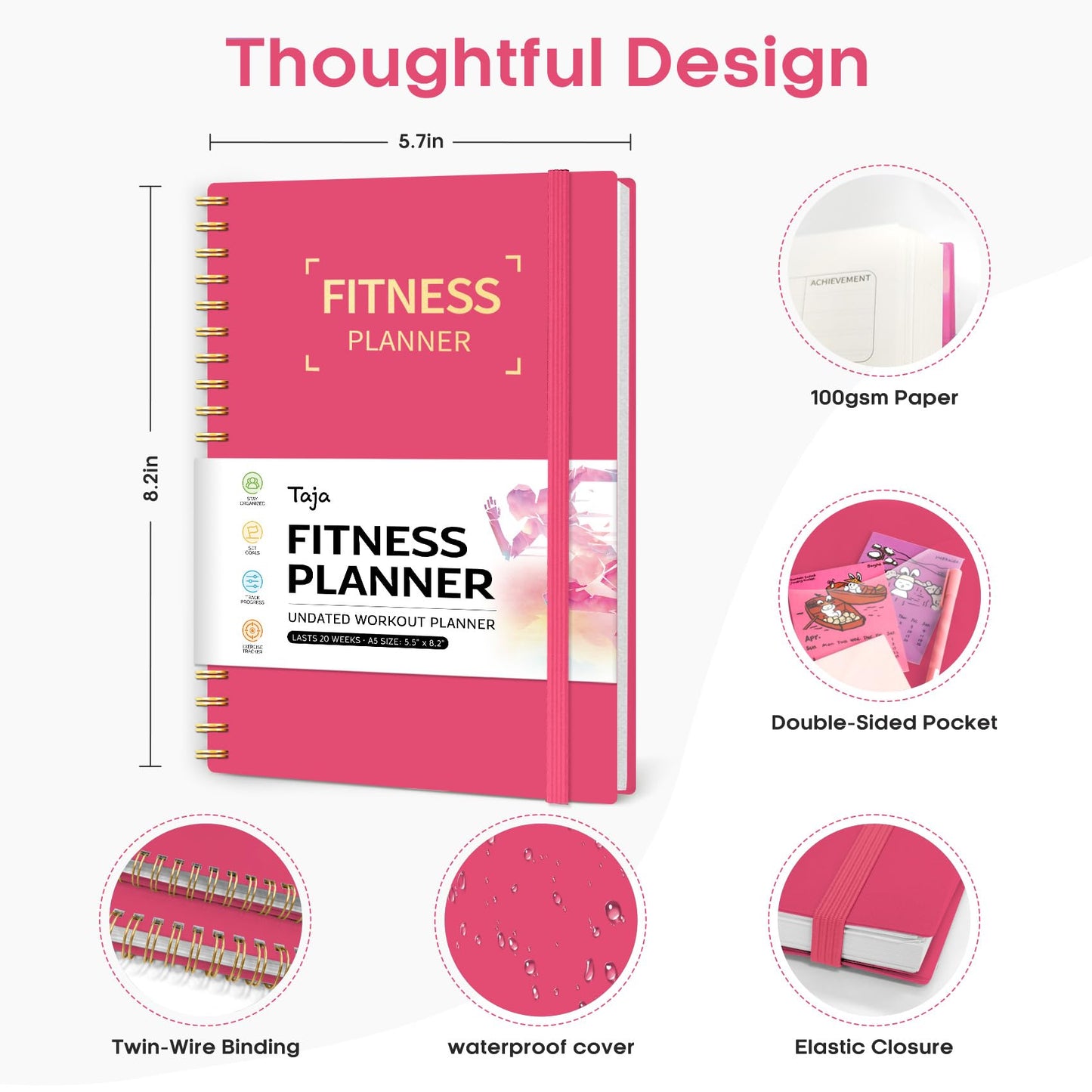 Fitness Workout Journal for Women & Men, A5(5.5" x 8.2") Workout Log Book Planner for Tracking, Progress, and Achieving Your Wellness Goals-Berry Pink