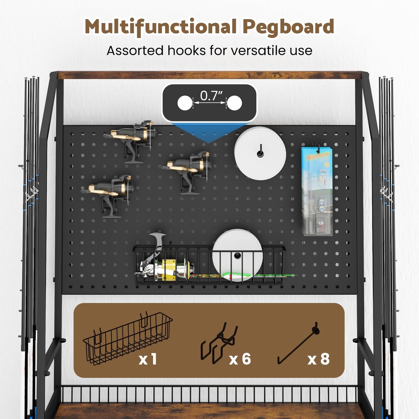 Kikihouse 4-Tier Heavy Duty Fishing Rod Holders for Garage with Pegboard and Hooks, 65.7" Lockable Wheels Fishing Rod Rack Storage Up to 12 Rods, Fishing Pole Stand for Fishing Gear & Equipment