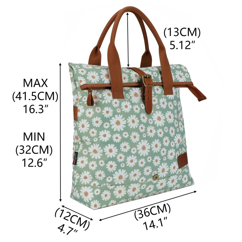 TOURBON Nylon and Leather Roll-top Clip-On Bicycle Panniers Women's Shoulder Tote Bag (Light Green with Flower)