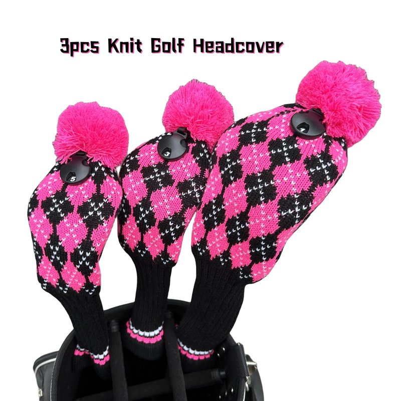 3pcs Knit Pink Golf Club Head Covers, Golf Driver 3 5 Fairway Woods Covers, Pom Pom Golf Wood Headcovers Covers for Driver, 3 5 Woods Women