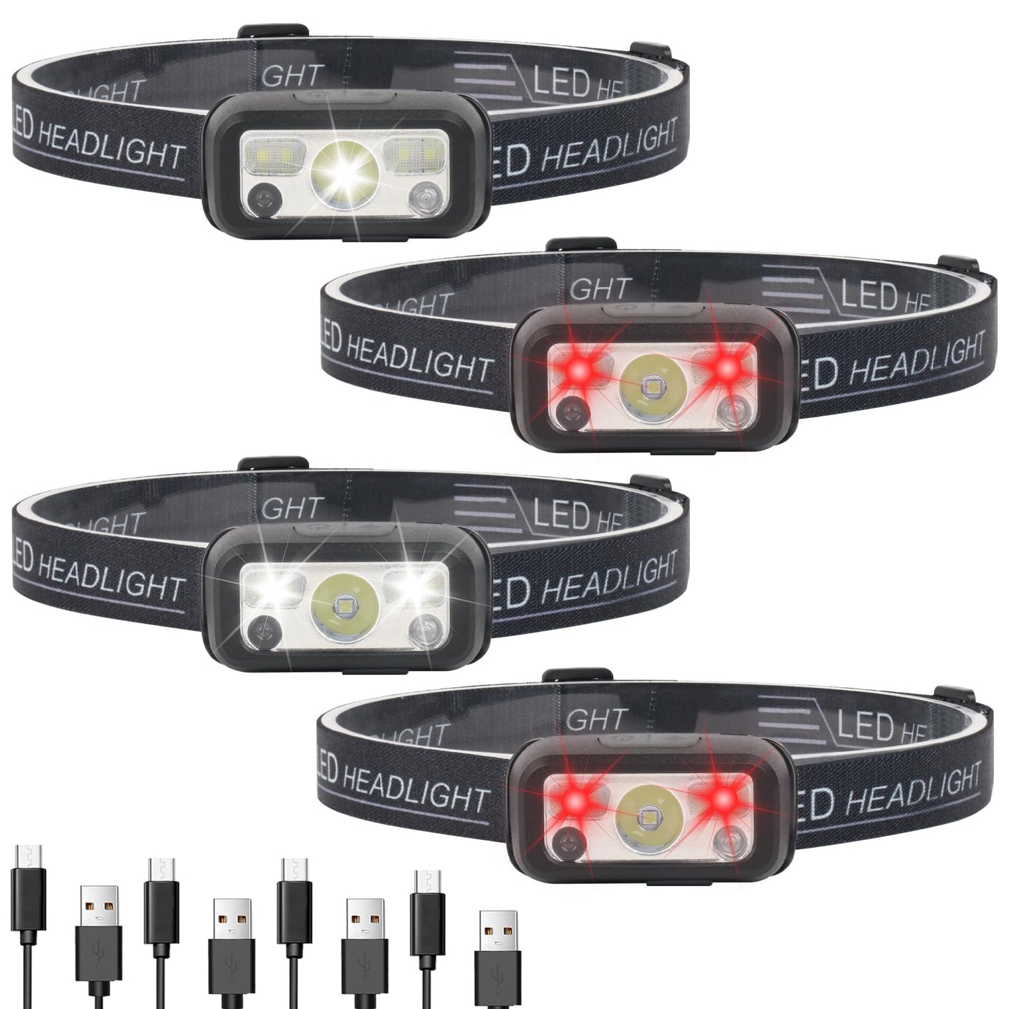 Hilngav Headlamp Rechargeable, 4 Pack White Red Headlamp Flashlight, Motion Sensor Head Lamp Flashlight, 8 Mode for Outdoor Camping Running Cycling (4 Pack)