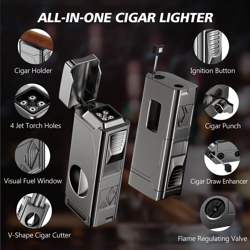 Tesonway Cigar Torch Lighter, 4 Jet Flame Cigar Lighter with Cigar Cutter V Cut Cigar Accessories Cigar Holder Cigar Punch Cigar Draw Enhancer, Windproof Refillable Butane Lighter, Cigar Gifts for Men