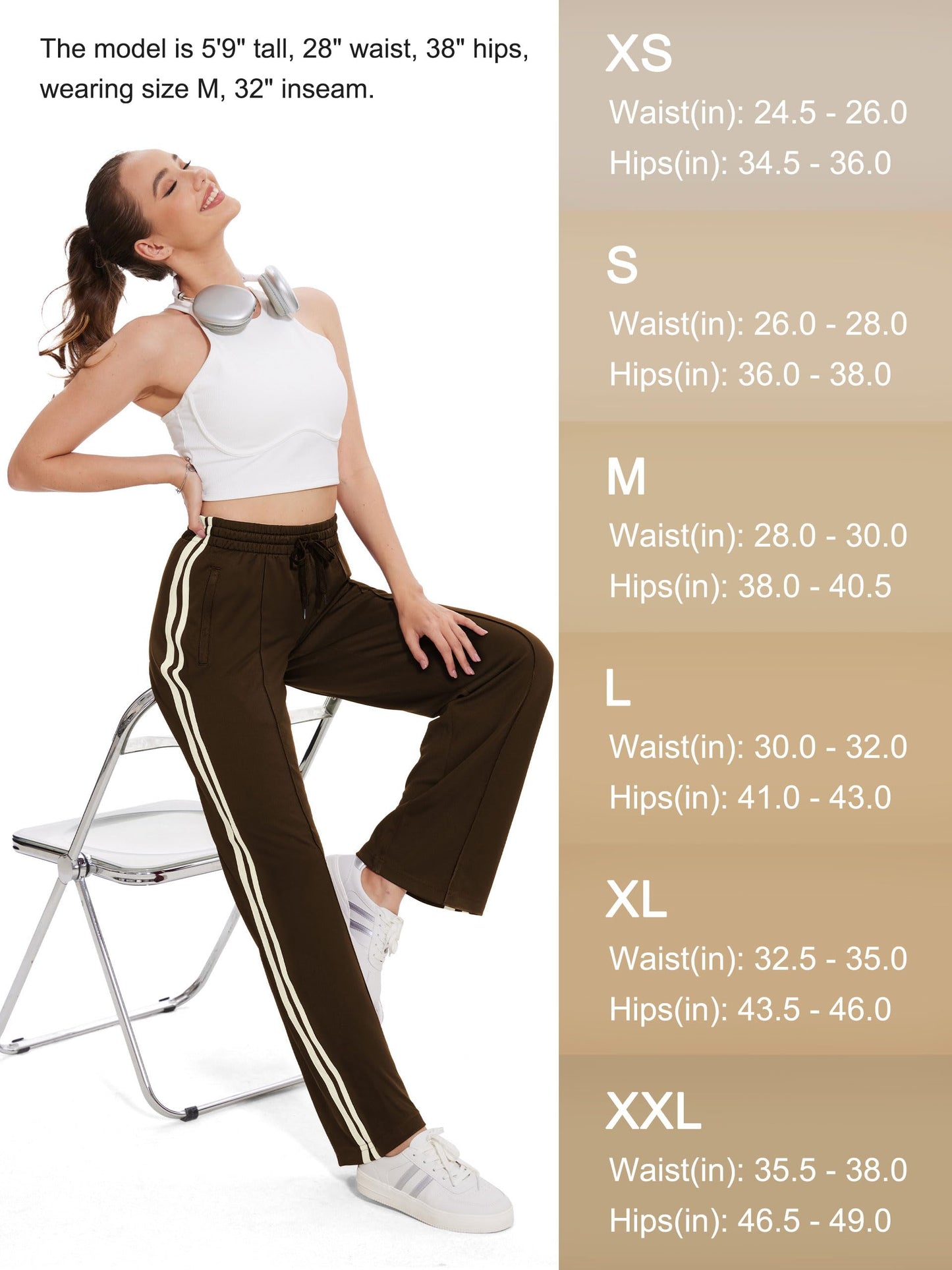 Tapata Tall Womens 34" Inseam Track Pants Relaxed Fit Striped Workout Sweatpants Baggy Trousers with Zipper Pockets, Brown, XXL