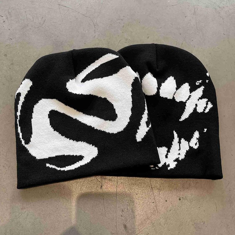 Winatehr Black Graphic Beanie for Men Women, Streetwear y2k Knitted Hat, Slouchy Goth Skull Cap (2 pcs)