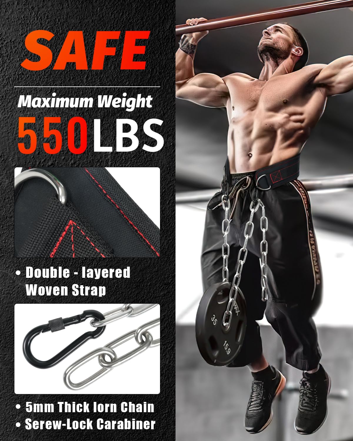 MAXRANK Dip Belt for Weightlifting - 37'' Chain Pull Ups Belt, 550Lbs Weight Capacity Neoprene Gym Lifting Belt for Squat, Weight Lifting, Workout, Crossfit, Men & Women (Belt & Chain)