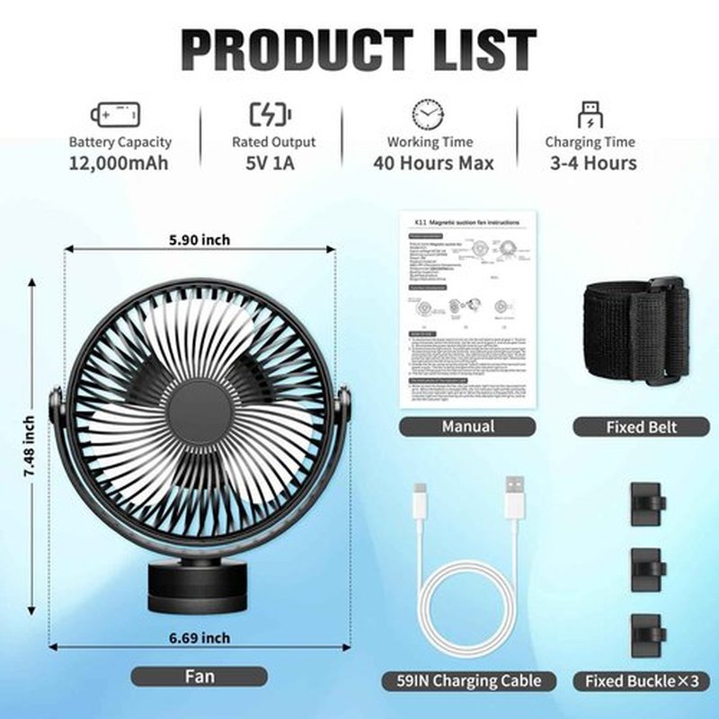 GODCTSUP Upgrade Golf Cart Fan Rechargeable with Magnetic Base, Portable 12000mAh Magnetic Fan with 4 Speeds, LED Lantern, Fits Club Car EZGO YAMAHA Golf Cart & Cruise Ship Accessories, 2PCS