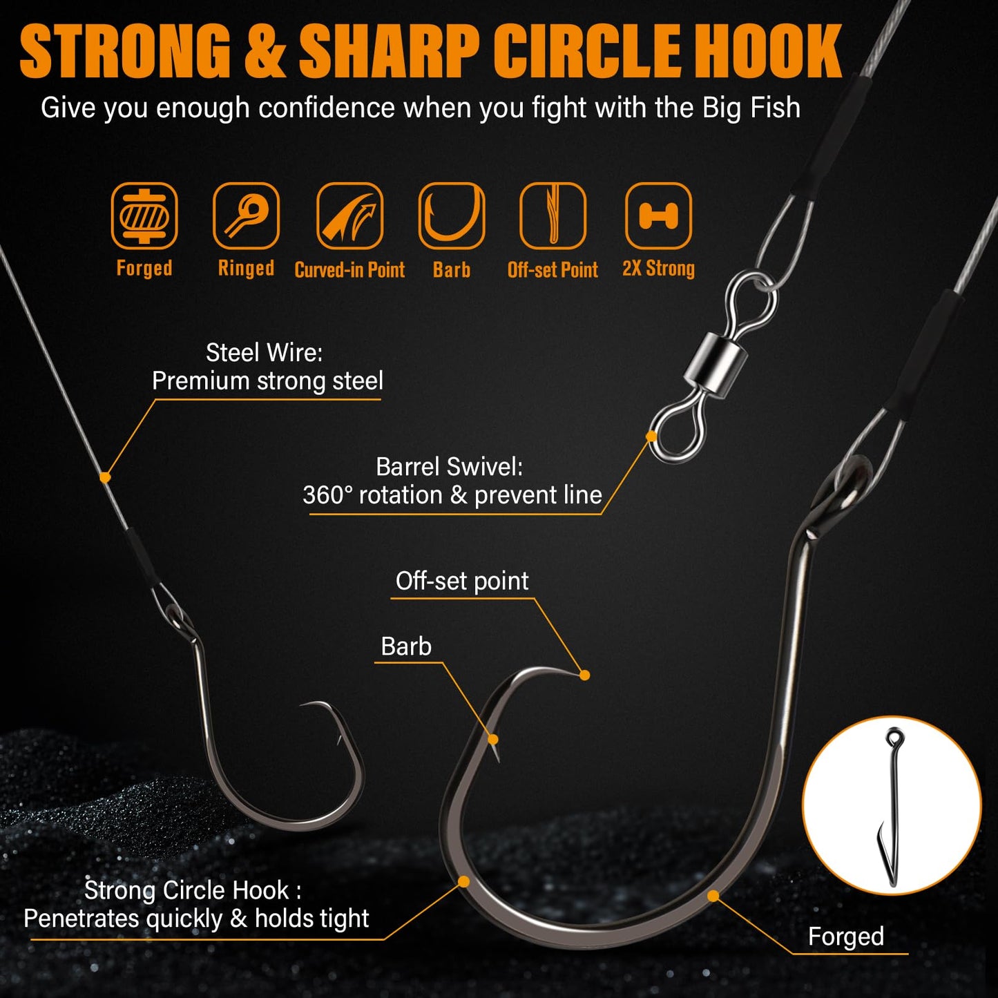 Dovesun 30PCS Circle Hooks Fishing Pre-Rigged Catfish Rig for Saltwater Freshwater Catfish Hooks with Wire Leader Five Sizes 2/0 4/0 6/0 8/0 10/0