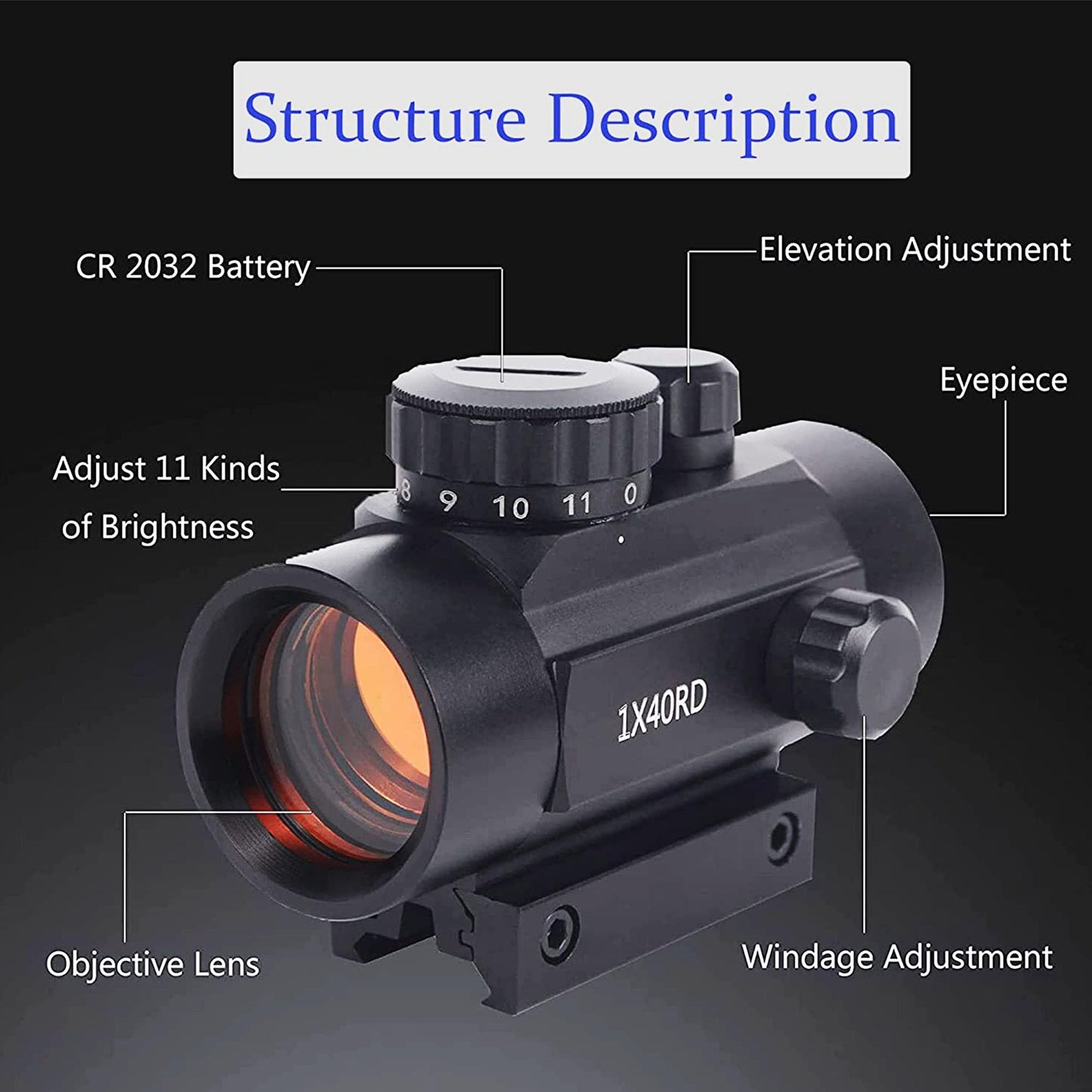 KASENTE 1x40 Red Dot Reflex Sight, Airsoft Rifle Scope, 11 Brightness Level, Tactical Optics Hunting Riflescope with 20mm / 11mm Weaver Picatinny Rail Mount
