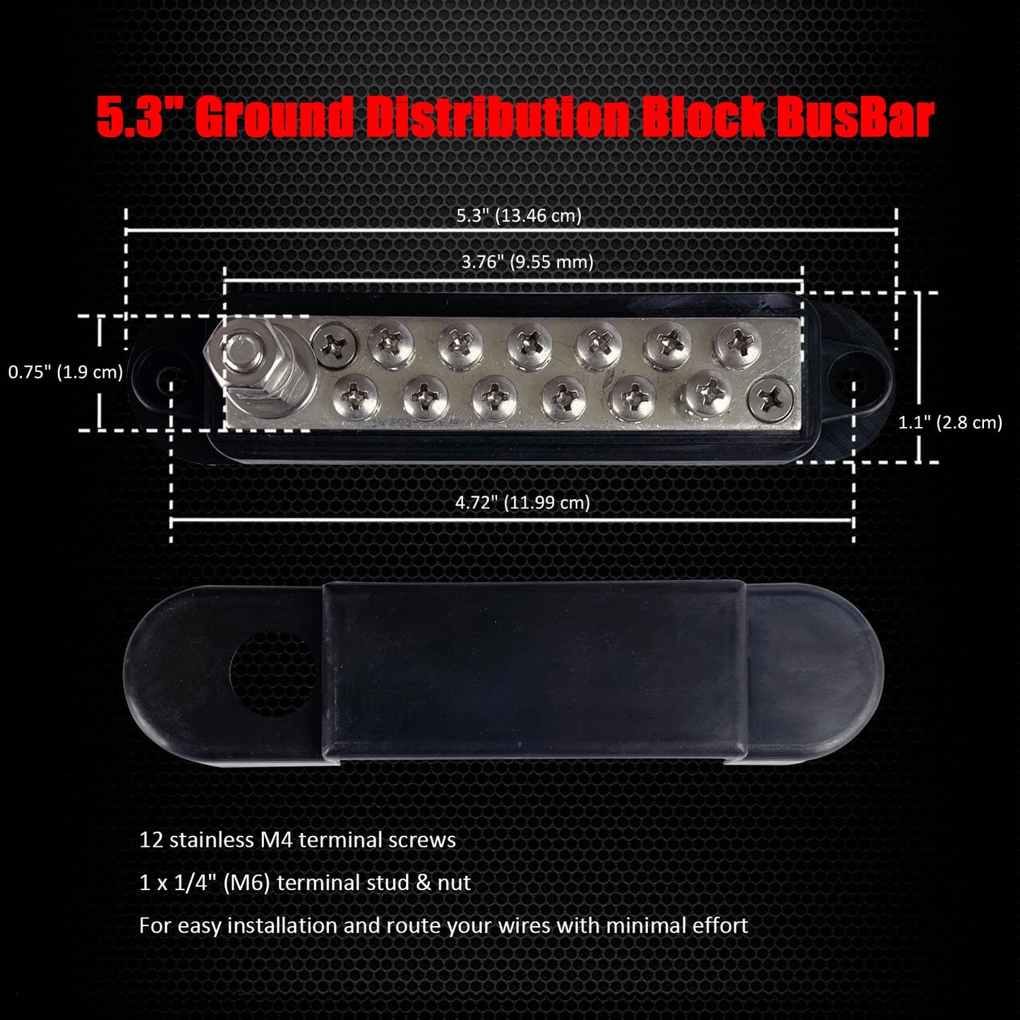 1/4" Stud Power Distribution Block Bus Bar with 12 x #8 Screws, Ampper 5.3" 12V 150A Marine BusBar Battery Distribution Block W/Cover for Car Audio Boat Solar (Black)