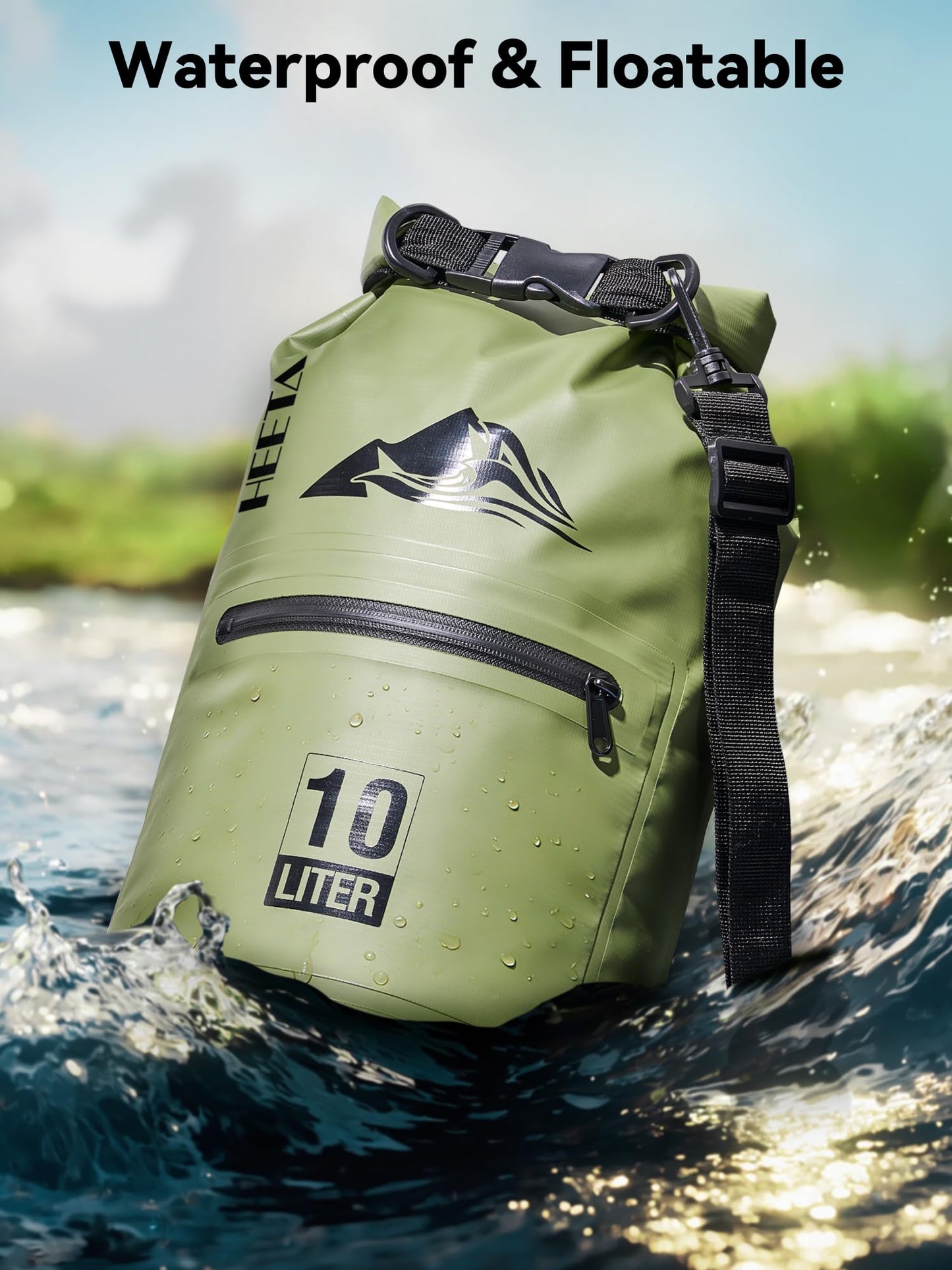 HEETA Waterproof Dry Bag with Front Zippered Pocket for Women Men, Roll Top Lightweight Dry Storage Bag Backpack for Travel, Kayaking, Boating, Rafting, Camping, Hiking & Beach (Green, 10L)