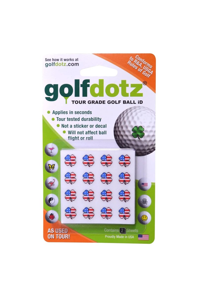 Golfdotz - USGA Rule Conforming Golf Ball Markers, Golf Ball Stickers for Marking Balls, No More Smearing from Stamps, Gifts for Golfers, Dads, and Retirees, (USA Lucky Clover; 32-Count)