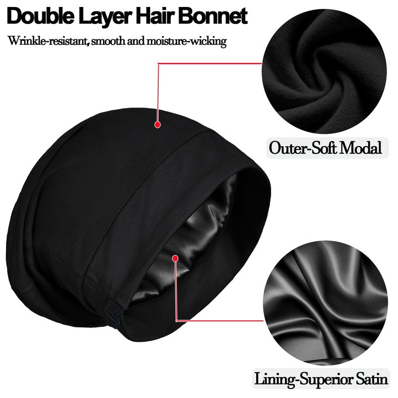2PCS Satin Bonnet for Sleeping Night Cap, Adjustable Satin Lined Silk Bonnets Sleep Cap for Curly Hair Braids Beanie Black Women