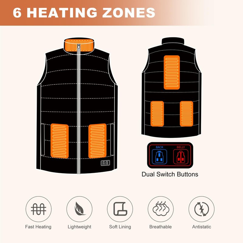 MRAWARM Heated Vest, Lightweight Electric Heated Vest for Men Women wiht 6 Heating Zone and 3 Temperature