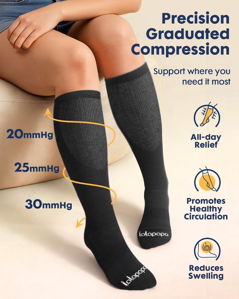 Lalapapa Extra Cushion Cotton Compression Socks for Women Men - 20-30mmHg Ankle Arch Support Socks for Flying Travel Nurse, Comfortable Breathable, 2 Pairs Black & Black, L / XL