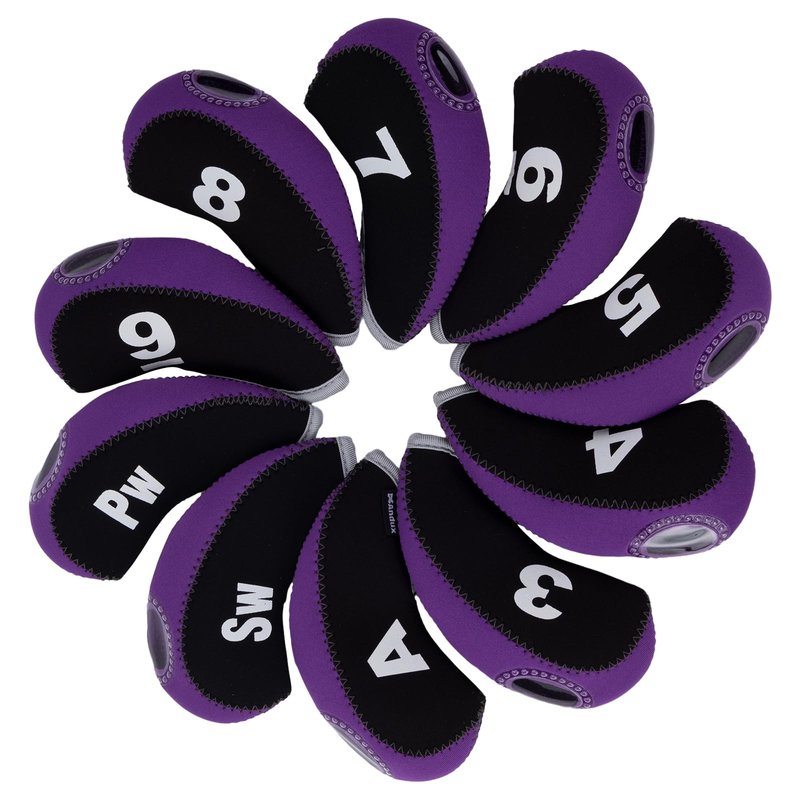 Andux Number Print Golf Iron Club Head Covers with Transparent Window 10pcs/Set Black/Purple