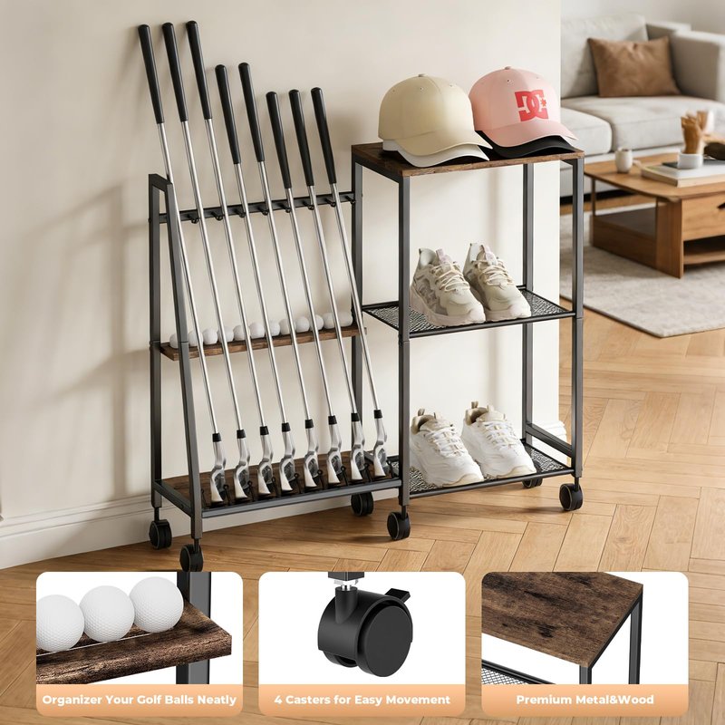 DEMEGA Golf Club Rack with Wheels, 2-in-1 Golf Organizer & Storage for Golf Clubs, Balls, Shoes, Hats, Sturdy Walnut Wood & Matte Black Iron Modern Golf Stand for Home Garage Office
