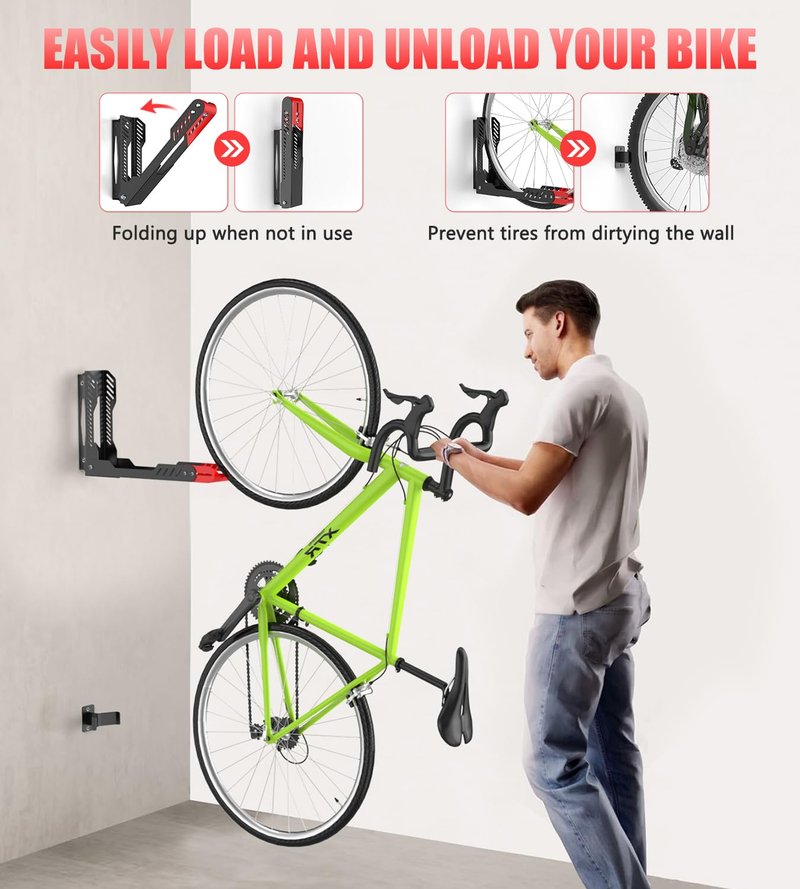 ALIXUEQIN Swivel Bike Wall Mount 2 Pack Bike Rack for Garage, No Heavy Lifting Required Wall Bike Hangers Can Holds up to 77 lbs (Black & Red)