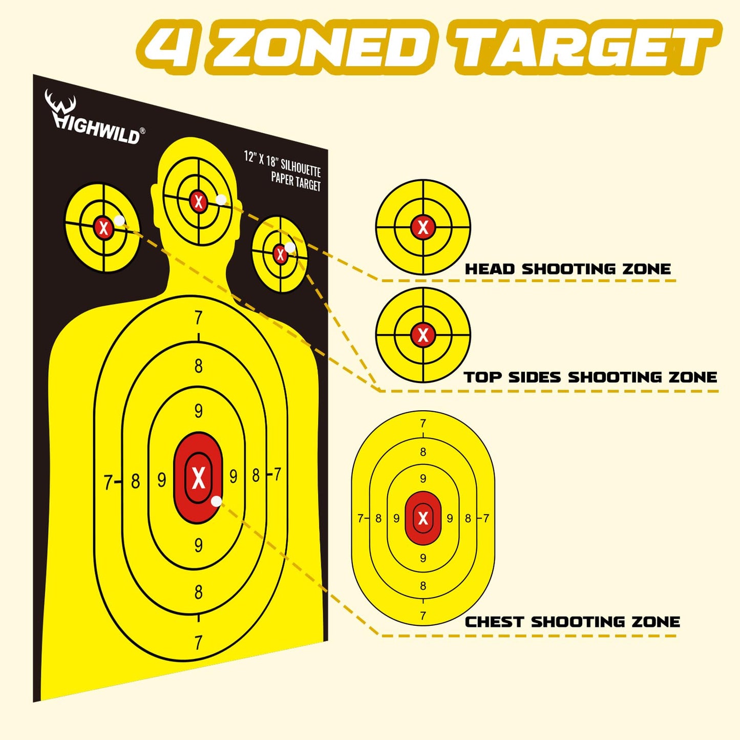 Highwild Shooting Range Silhouette Paper Target - 12X18 Inches - Suitable for Handguns, Rifles, Airguns, BB Guns (25 Pack, Black & Yellow)