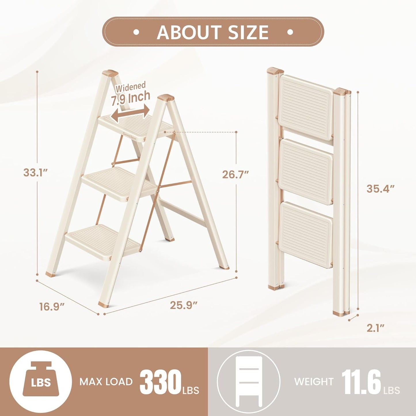 Folding Step Stool - 3 Step Ladder with Wide Anti-Slip Pedal | 330LBS Capacity, Lightweight, Cream Chocolate