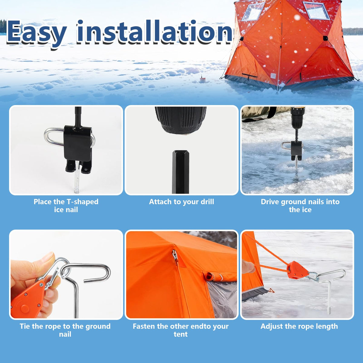 Heavy Duty Ice Anchor Drill Adapter Tool Kit, 19Pcs Stainless Steel Tent Stakes Set with 13FT Ratchet Ropes, Tent Hooks, Canvas Bag for Ice Fishing Shelter Setup (8Pcs Tent Stakes+6Pcs Rope Roller)