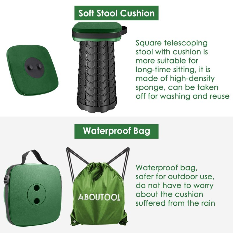 aboutool Folding Camping Stool, Square Collapsible Portable Stool with Elastic Seat Cushion& Adjustable Nylon Bag, Sturdy Lightweight Telescoping Foldable,Max Load 485lb (Green)