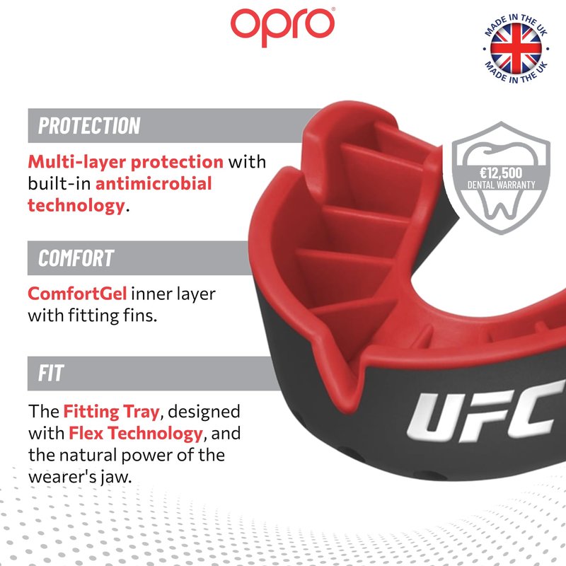 OPRO Silver Level UFC Moldable Mouth Guard Essential Fit (Black/Red) Adult & Kids Boxing Mouthguard for MMA & Impact Sports, Self-Fit Mouth Guard for Sports, Football, Hockey - Includes Case