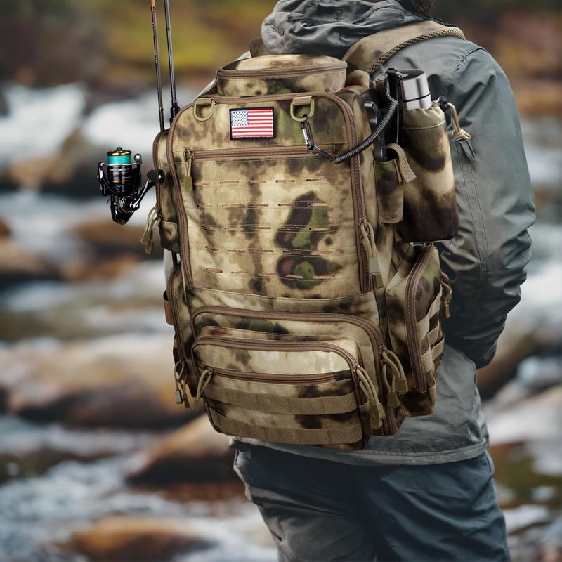 Fishing Tackle Backpack - Waterproof 45L Gear Bag with Rod Holders | Large Sahara Khaki Camo