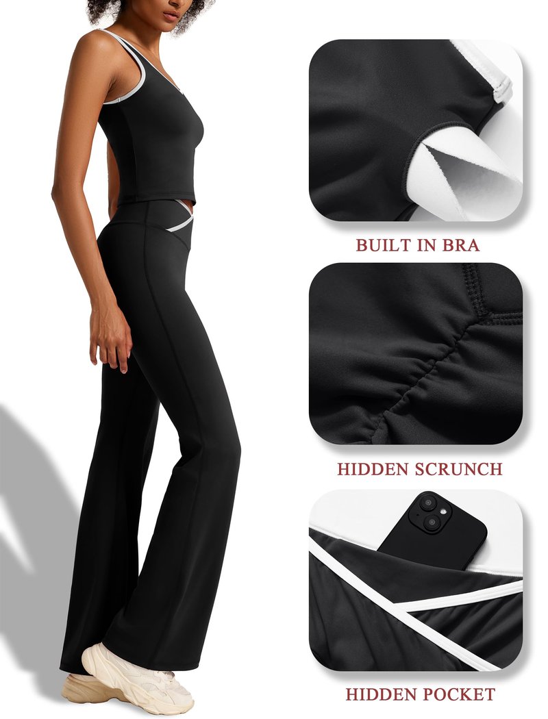 RXRXCOCO Workout Sets For Women 2 Piece Gym Yoga Pilates Outfits Active Matching Set Flare Leggings Scrunch Butt Lifting Crop Tank Top Black M