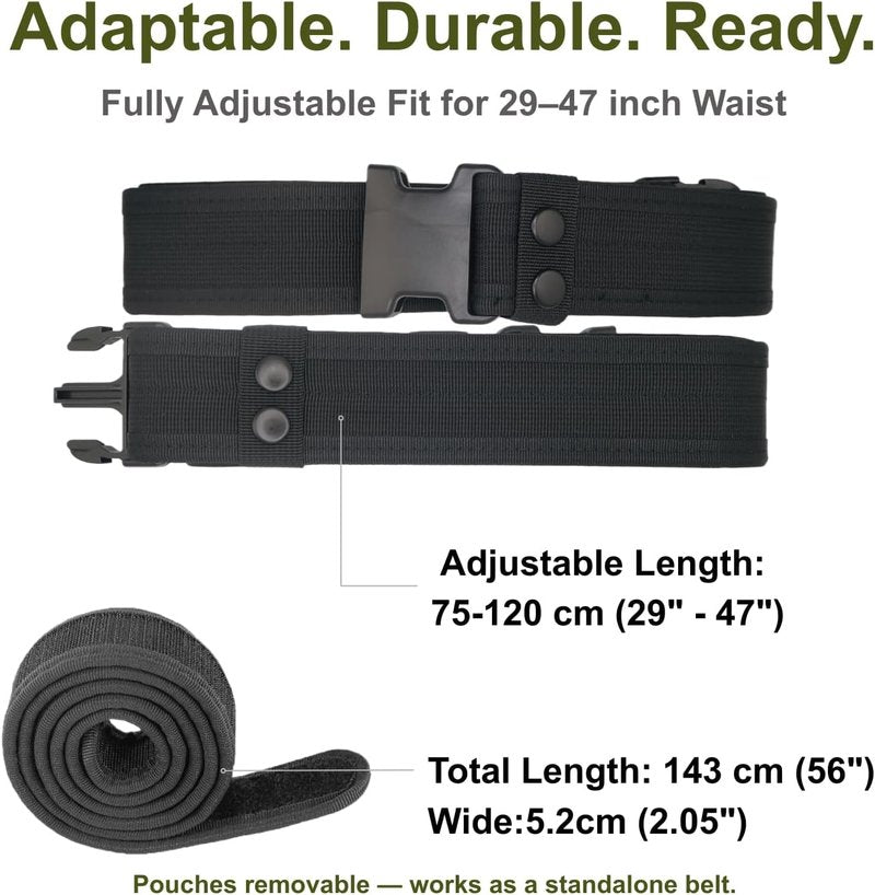 Tactical Utility Belt - 10-in-1 Duty Belt with 9 Modular Pockets | Heavy-Duty 600D Nylon, Adjustable 29.5-47.2 Inches for Security & Outdoor Use