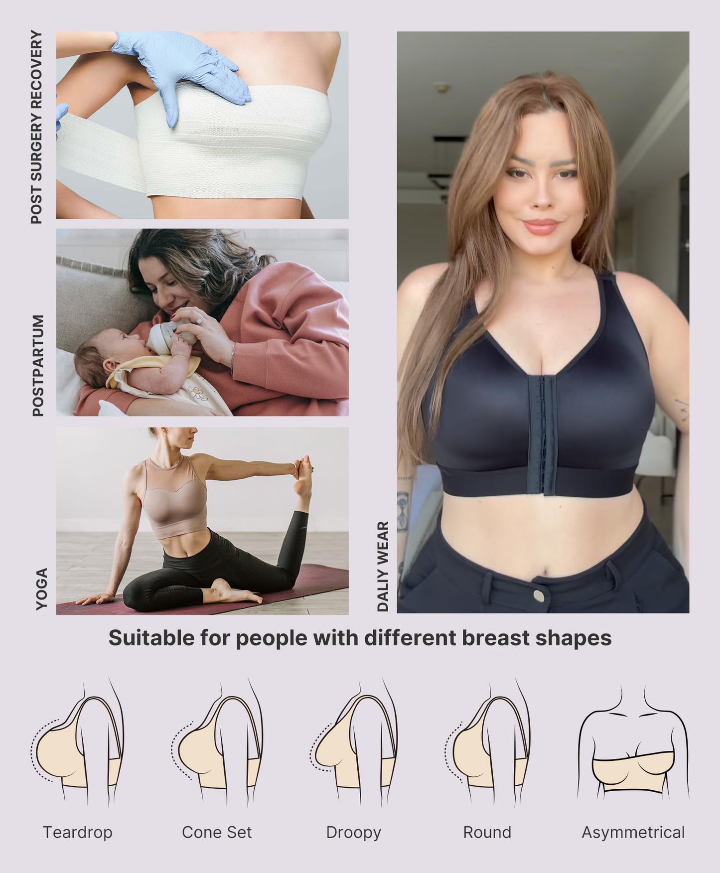 SHAPELLX Front Closure Bra for Women Post Surgery Compression Bra Post Op Support with Adjustable Straps Wirefree Brown