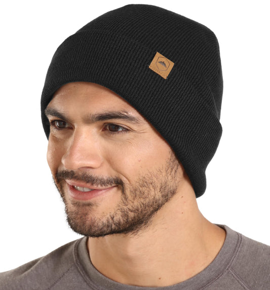 Tough Headwear Winter Beanie Knit Hat for Men & Women - Merino Wool Ribbed Cap - Warm & Soft Stylish Toboggan Skull Caps for Cold Weather - Basic - Black