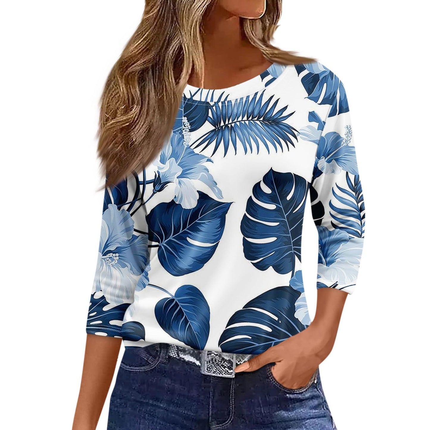 Generic Summer Tops for Women 2024 3/4 Length Sleeve Casual Cosy T-Shirts Round Neck Three Quarter Sleeve Print Trendy Cute Blouse, Large, 01-blue