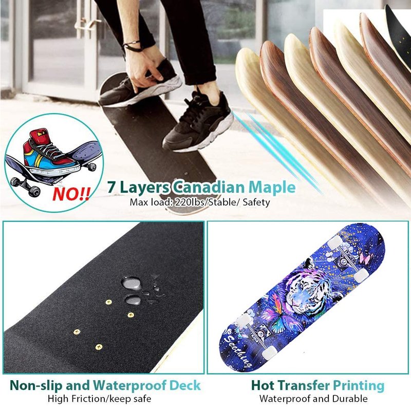 CLYCTIP Complete Skateboards- Standard for Beginners Kids Boys Girls Teenager- 31''x 8''Canadian Maple Cruiser Pro Skate Board