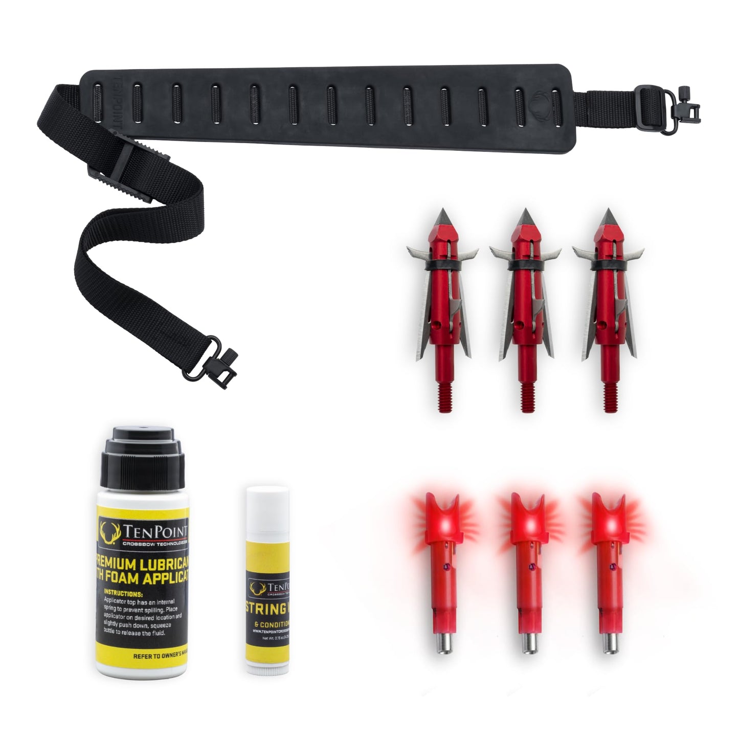 TenPoint Ready-to-Hunt Accessory Package - Includes Three Alpha-Blaze HPX Lighted Nocks, Three Nemesis Broadheads, Premium Grip Sling, String Wax & Conditioner + Premium Lubricant