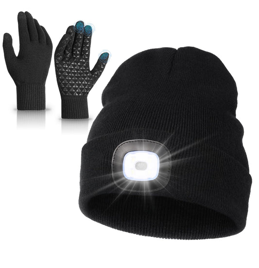 MELASA LED Beanie Cap with Light Winter Gloves Set for Men Women, USB Rechargeable Headlamp Knit Hats, Touchscreen Fleece Lined Warm Gloves, Gifts for Men Dad Husband