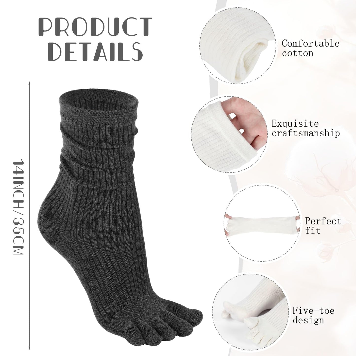 Janmercy 4 Pairs Five Toe Sock Women, Finger Cotton Crew Split Stretchy Slouch Sock, Toe Separator, Knee High Stacked Socks (Black,White,Gray,Dark Gray)