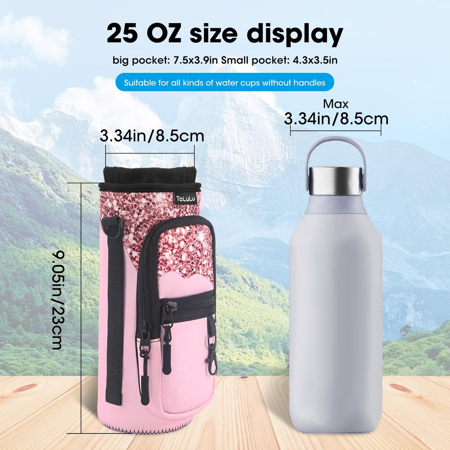 Water Bottle Carrier Bag 25/32/40oz with Phone Pocket, Insulated Neoprene Adjustable Shoulder Strap Water Bottle Pouch Case, Crossbody Water Bottle Holder Sling Sleeve for Women Men,Rose Gold