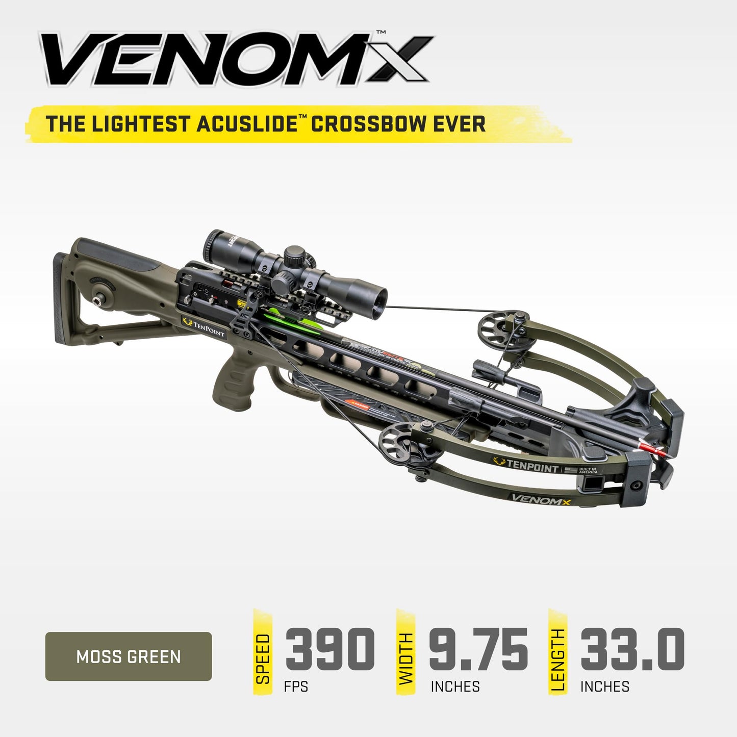 TenPoint Venom X, Moss Green - 390 FPS - Lightest ACUslide Bow Ever - Includes Pro-View 400 Scope, Polymer Scope Struts, ACUslide & Three Pro Elite 400 Carbon Arrows