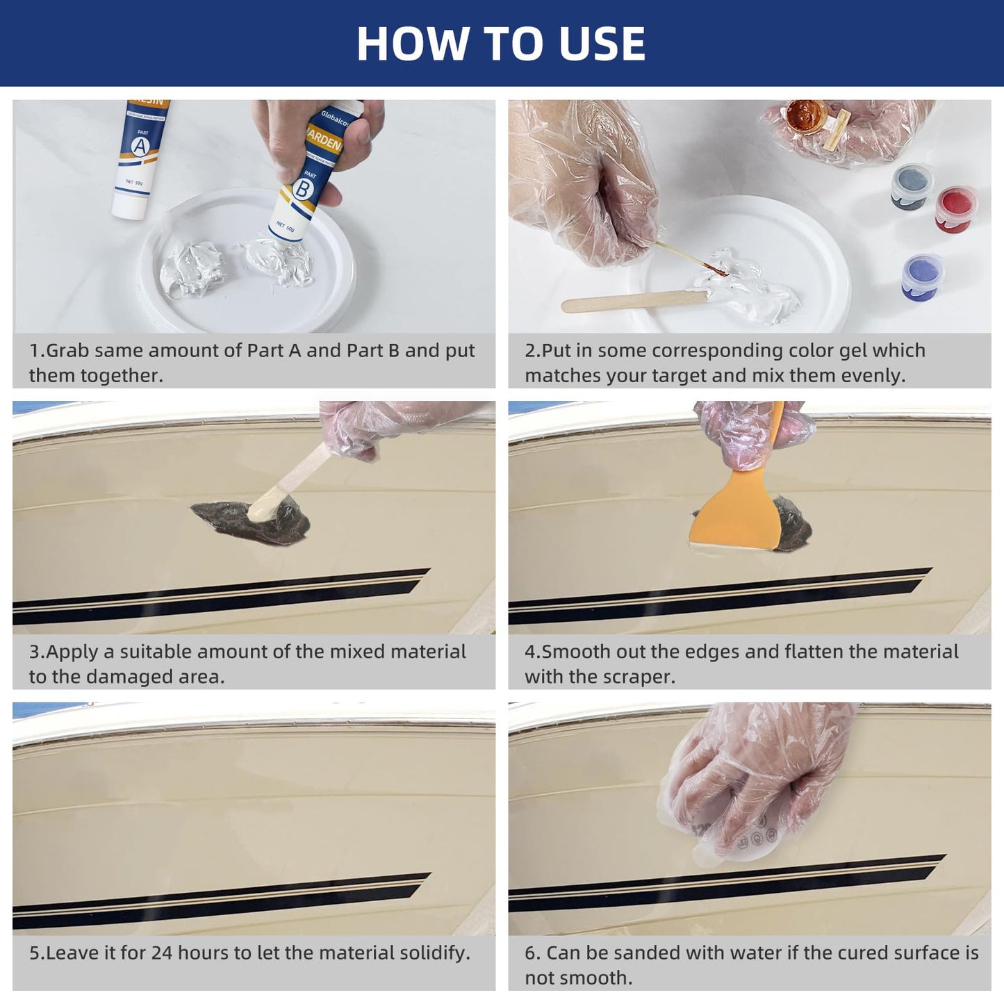 Globalcom Fiberglass Boat Repair Kit, (Color Match) Gel Coat Repair Kit for Boats, Marine Fiberglass Repair Kit for Boats, Epoxy Filler for Boats, Fiberglass Repair Kit Fix Holes Chips Pit Cracks
