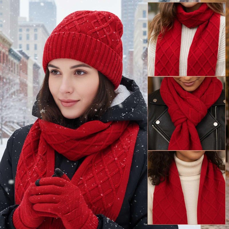Geyoga 6 Pcs Winter Warm Set for Women Warm Beanies Hats Touchscreen Gloves Long Scarf Ear Muffs Socks Winter Gifts for Women(Red,Argyle)
