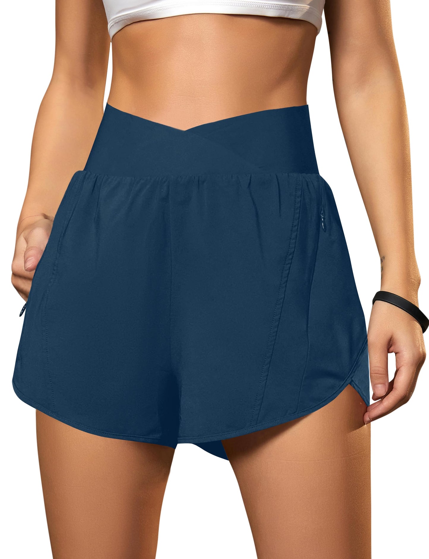 Blooming Jelly Women's Workout Shorts Athletic Running Elastic High Waisted Black Gym Yoga Shorts with Zipper Pockets (Ensign Blue,Medium)