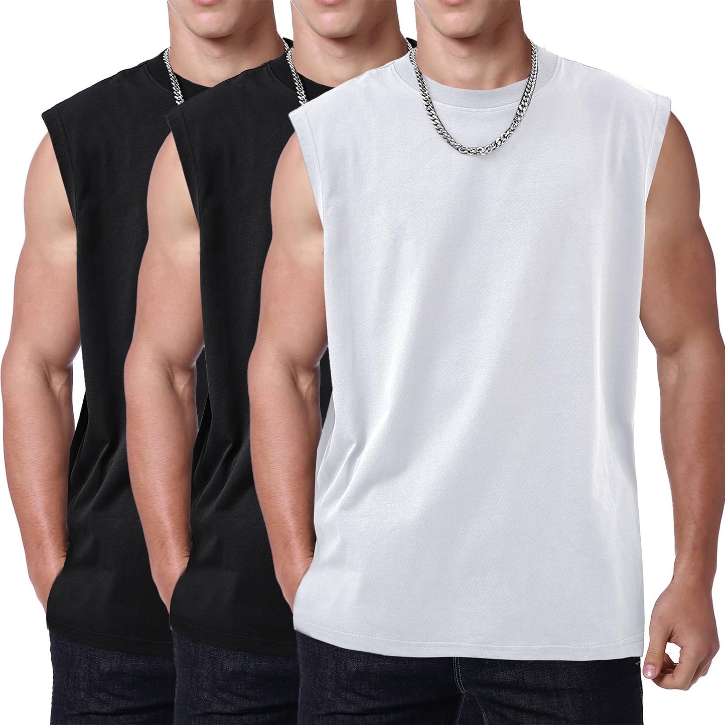 SnowElve 3 Pack Mens Workout Tank Tops Sleeveless Tee Shirts Men Muscle Shirt Gym Cotton T Shirts Running Beach Loose Fit Tee（XZG,BKBKWT,M