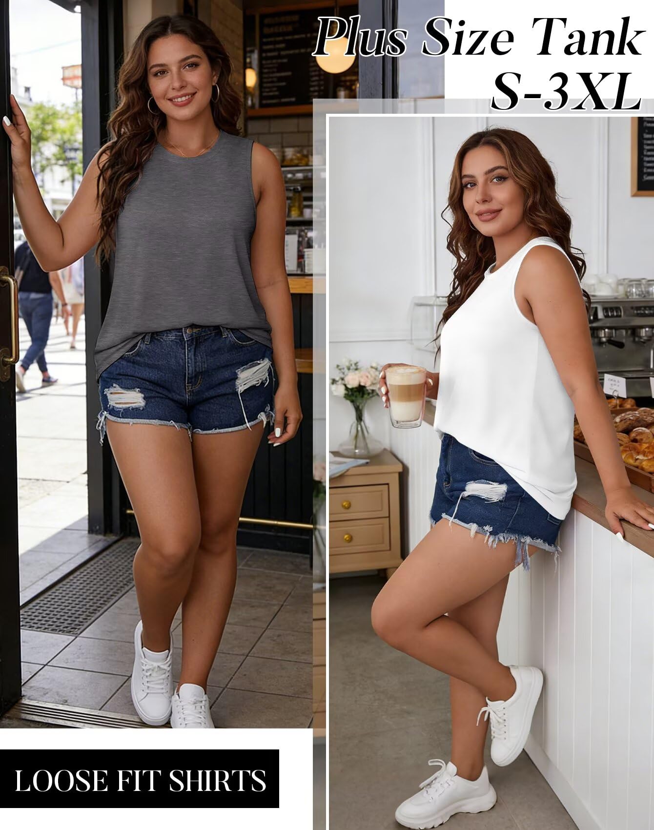 KKJ 2 Pack Womens Tank Tops Summer Crew Neck Sleeveless Loose Fit Casual Shirts Flowy Basic Tees Fashion Outfits