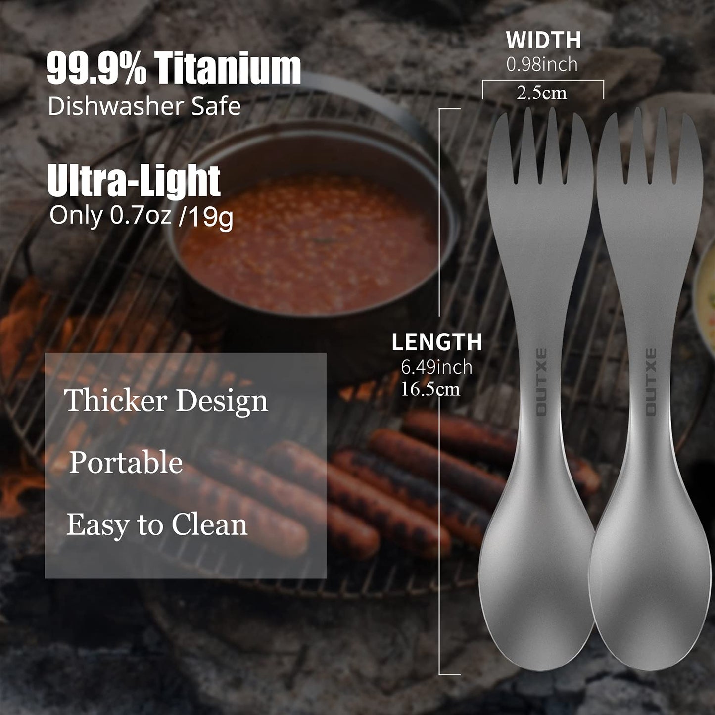 OUTXE Titanium 2 in 1 Fork and Spoon Combo 2-Pack Ultra Lightweight Camping Utensil, Eco-Friendly Spork for Backpacking, Hiking, Outdoors